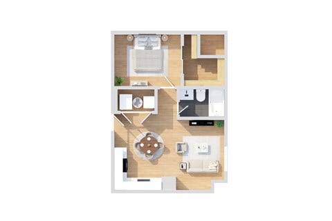 Floor plan for 1 bed, 1 bath, 596 sqft